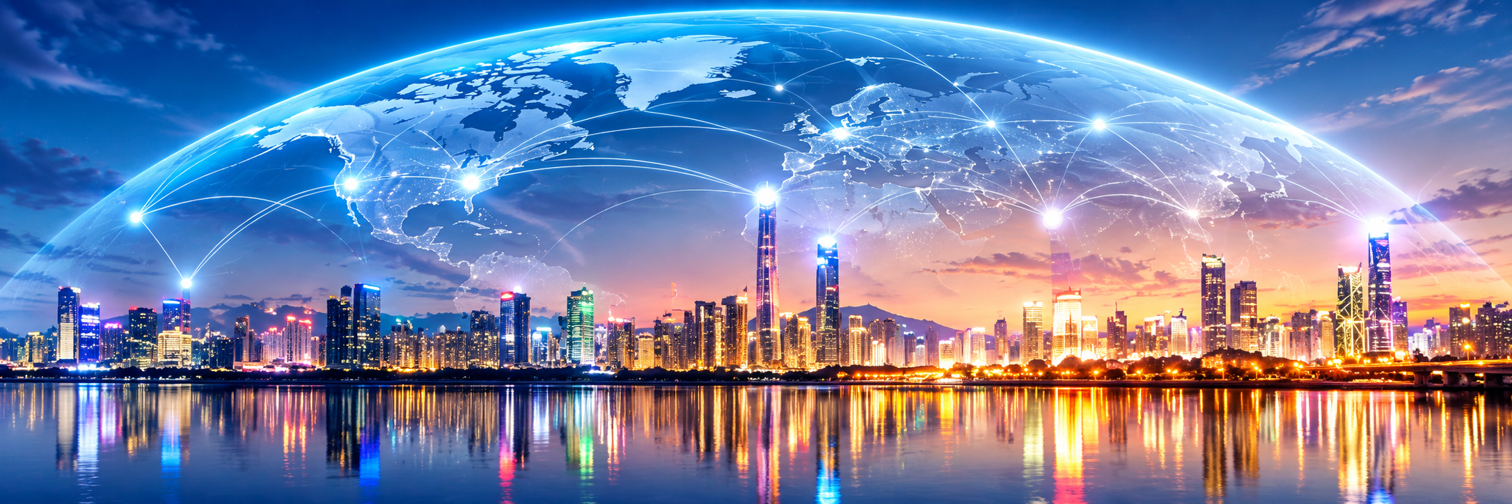Illuminated international city skyline beneath a globe of worldwide business connections